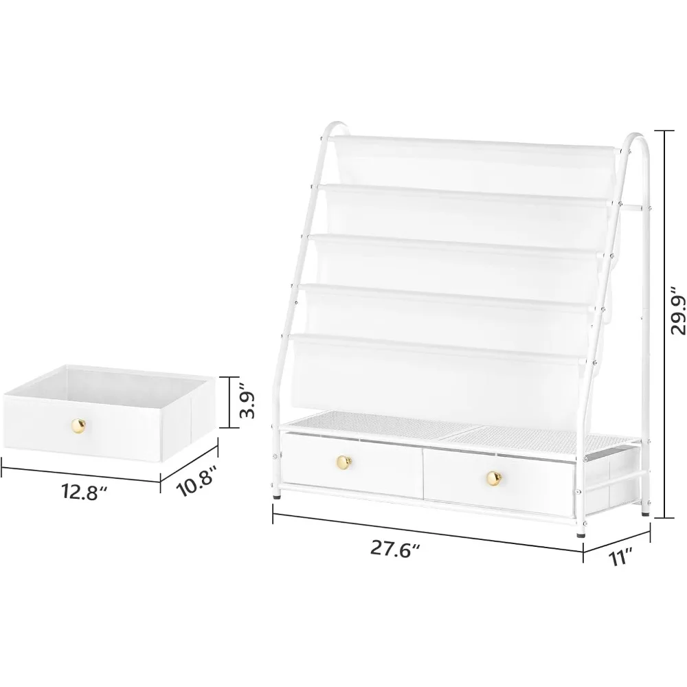 Kids Bookshelf, 4 Tier Bookcase, Kids Sling Book Rack with 2 Fabric Drawers, Storage Nursery Book Shelf for Children