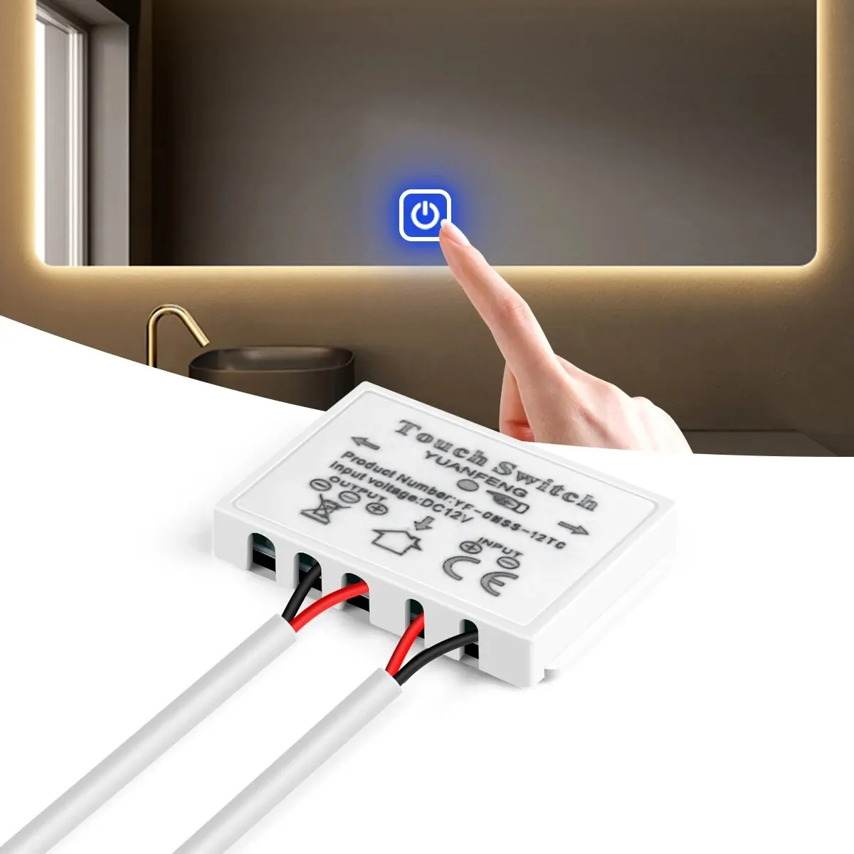 LED調光器付きバスルームミラー,調整可能な明るさ,タッチセンサー,バックライト装飾,12v