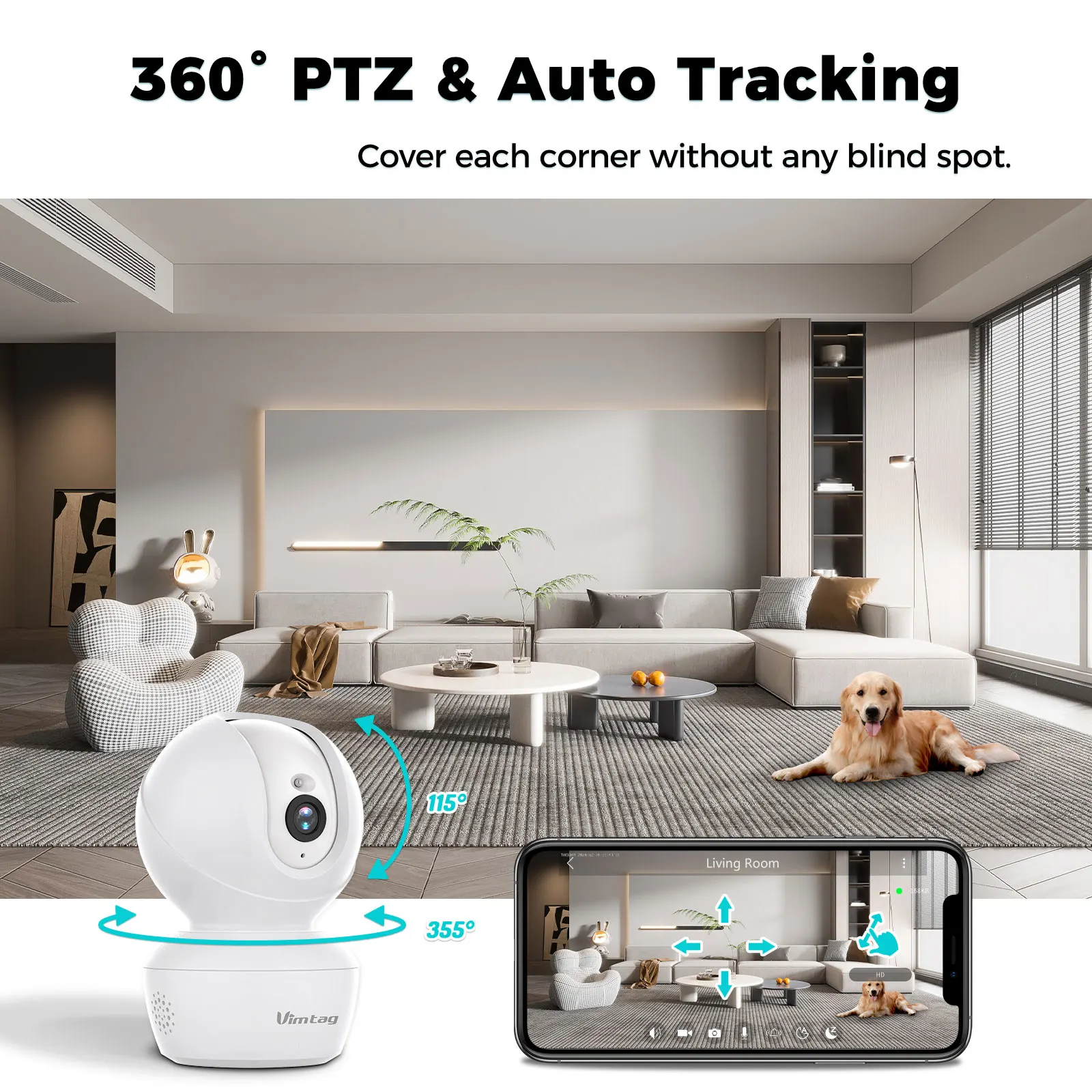 VIMTAG 2.5K Security Camera Indoor CCTV Camera WIFI 360° Auto Track IR Night Vision Human Detect Surveillance IP Camera for Home