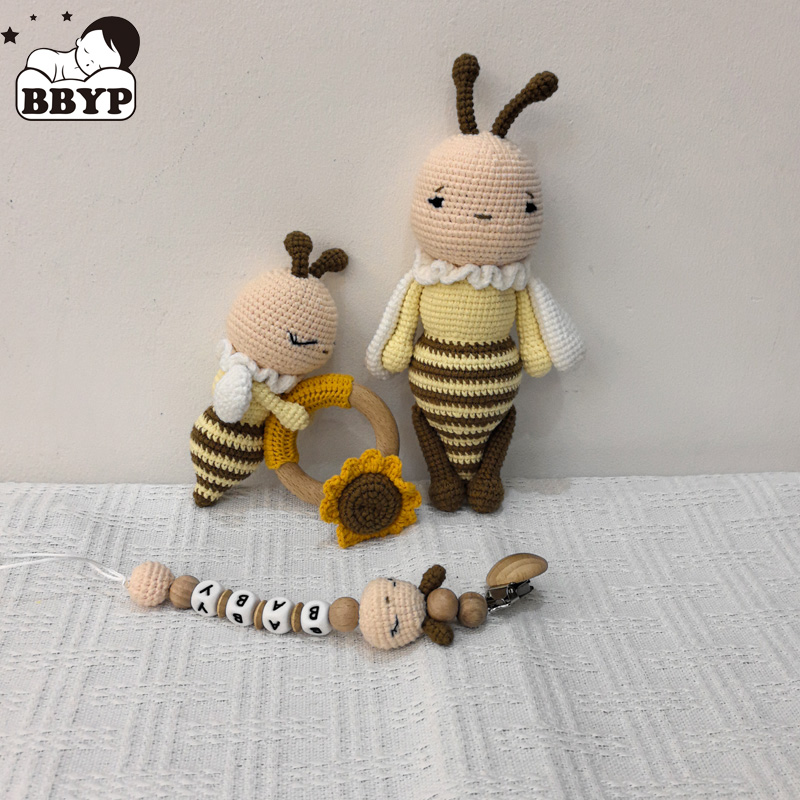 1 ensemble Crochet abeille bébé anneau de dentition hochet sûr hêtre en bois anneau de dentition sucette Clip chaîne ensemble nouveau-né Mobile gymnastique jouet éducatif