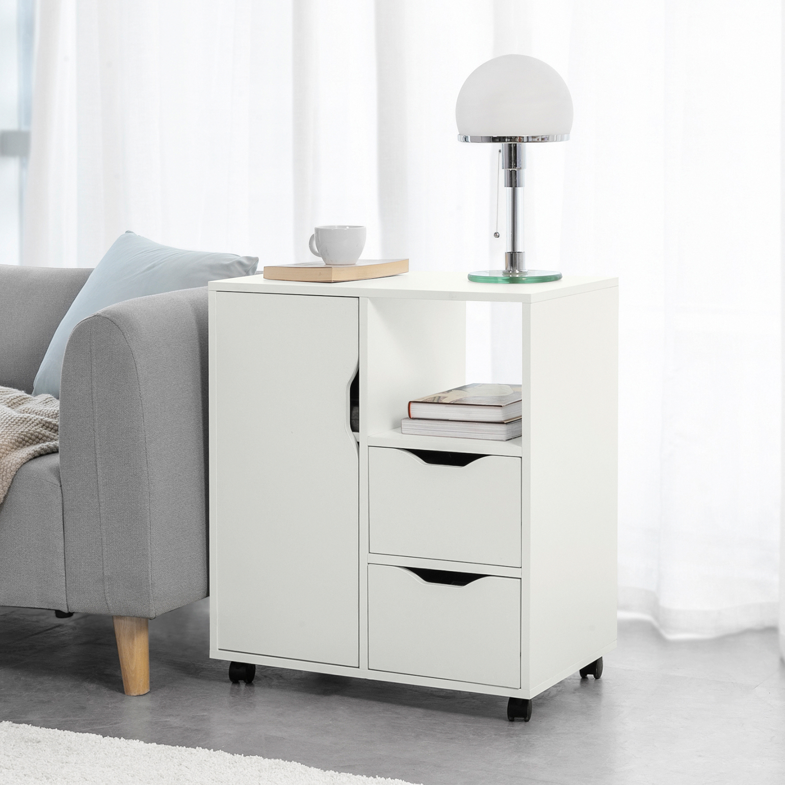 SoBuy FBT105-W printertafel met 2 lades en 1 deurmap kledingkast rolcontainer kantoorwagen zijwagen kantoorcontainer Wit
