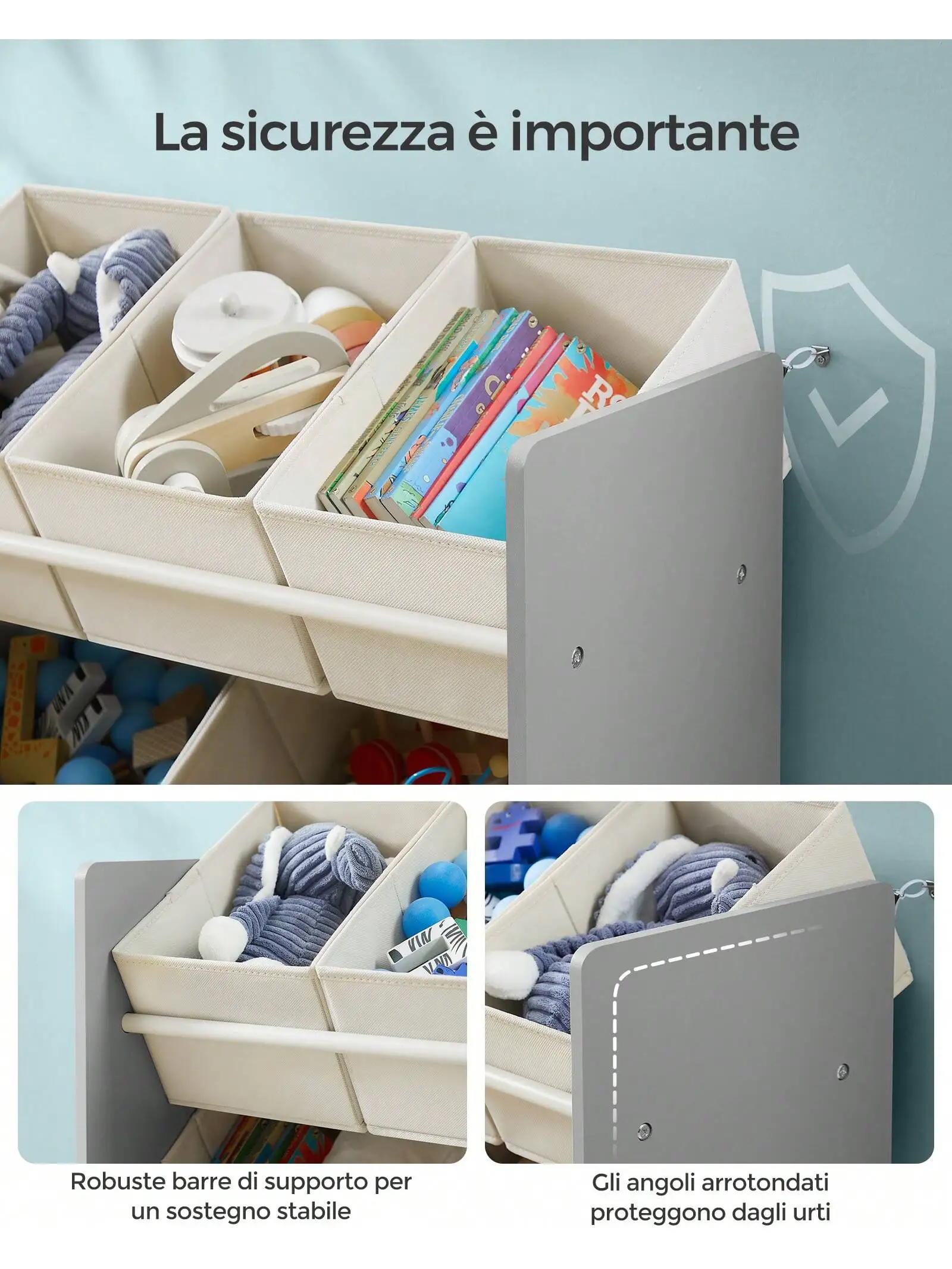 SONGMICS Libreria per bambini: libreria per bambini con 7 contenitori in tessuto non tessuto, spazioso, 29,5 x 62,5 x 60 cm, grigio colomba