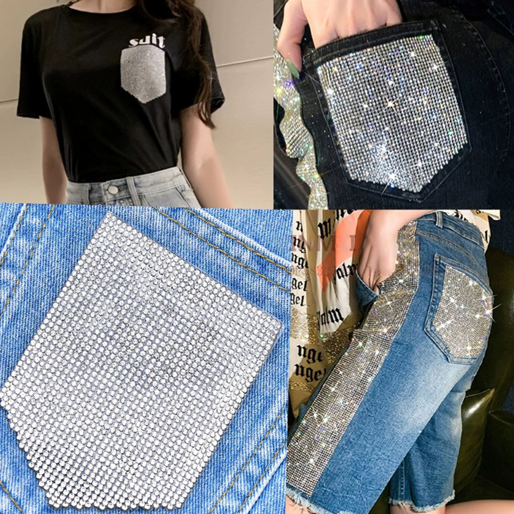 Parches de diamantes de imitación de lujo, apliques de Jean, estampado de ropa, pegatina de bolsillo de cristal ostentoso, motivo de transferencia de diamantes de imitación, decoración DIY