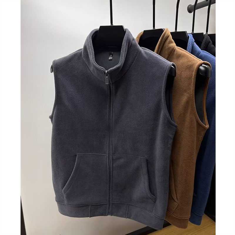 ฤดูใบไม้ร่วงฤดูหนาวPolarขนแกะเสื้อกั๊กผู้ชายWindproofกลางแจ้งแขนกุดสองด้านCoat 2024 Plush Stand Collar Casualเสื้อกั๊ก