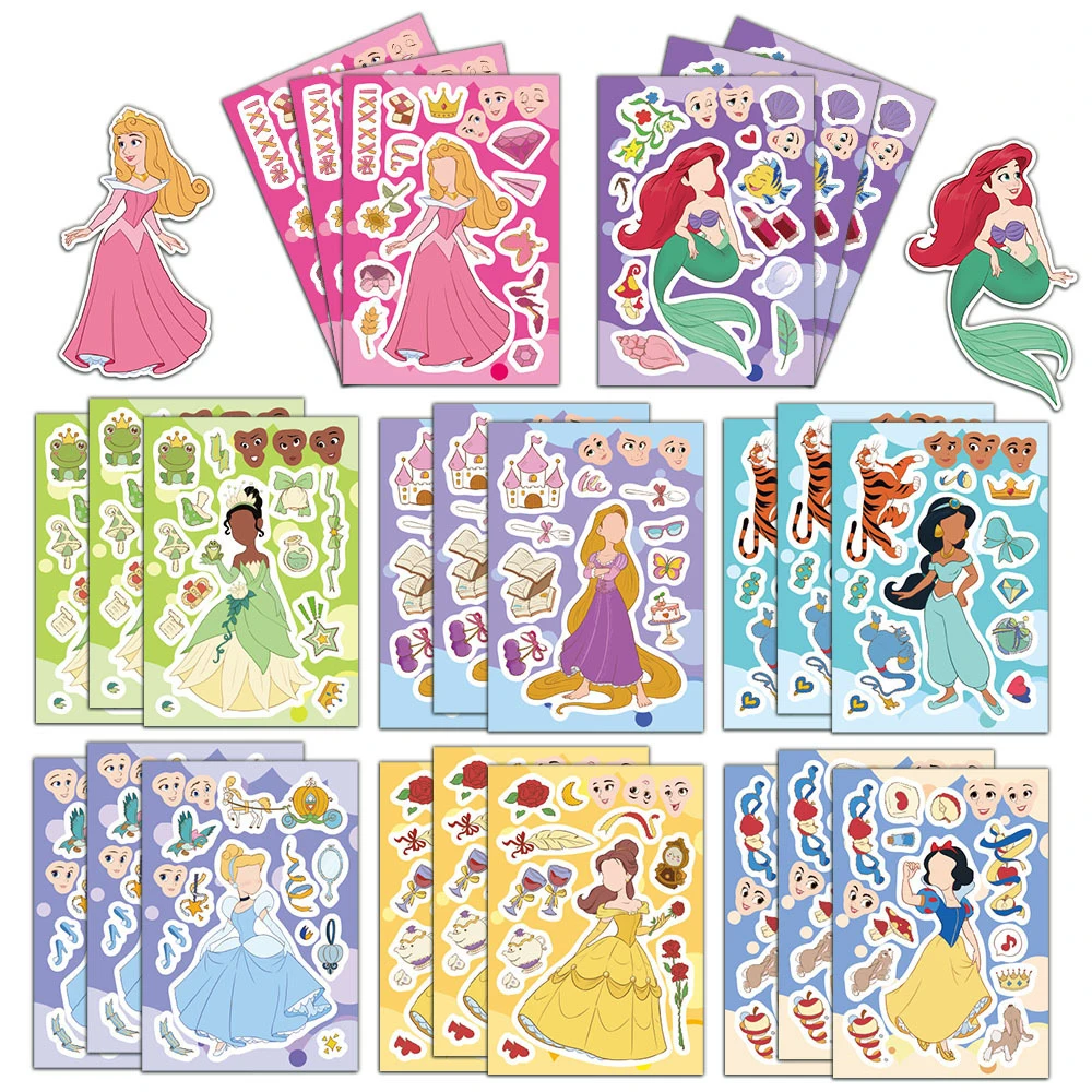 8/16/24 folhas bonito princesa quebra-cabeça adesivos kawaii fazer um rosto decalques diy montar educação adesivo brinquedos presentes