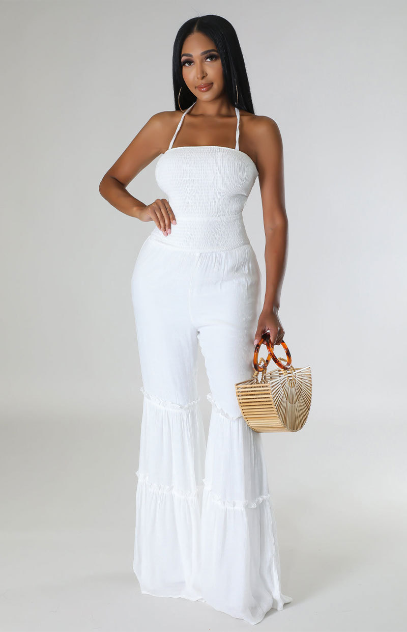 Cutubly jumpsuit Halter oranye musim panas 2023 untuk wanita lipit elegan renda Bodycon ruffle kurus kaki lebar jumpsuit suar