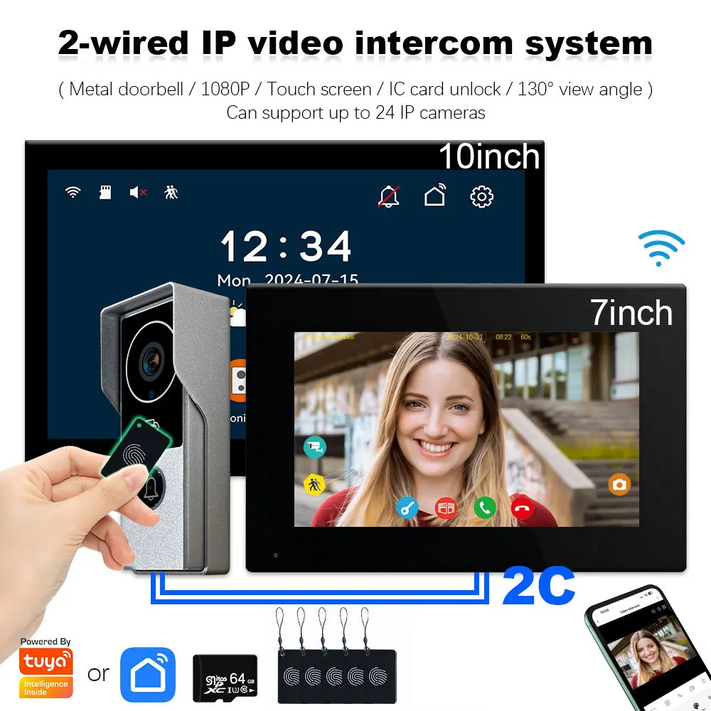 2-draads deurbel video-intercomsysteem voor thuis metalen deurtelefoon ondersteuning IP-camera Tuya Smart 1080P