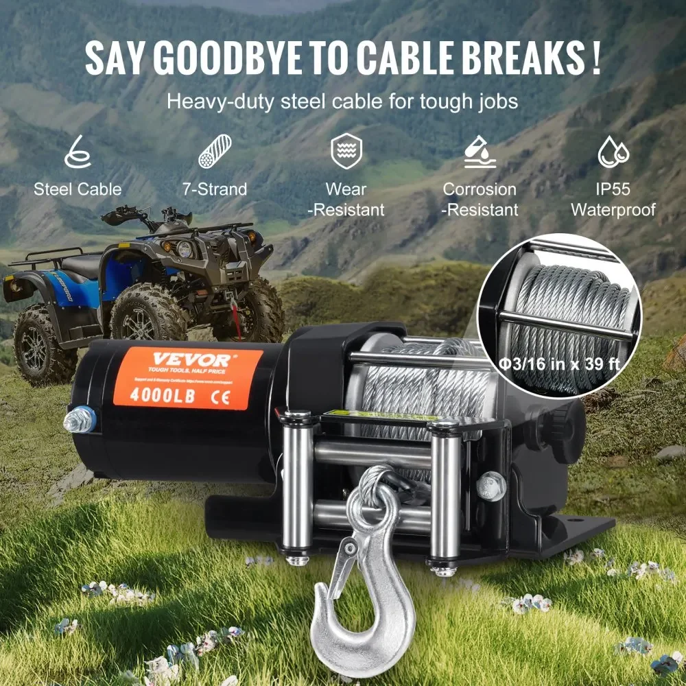 Guincho elétrico VEVOR de 4000 libras com cabo de aço de 7 fios de 39 pés, controle remoto sem fio e com fio, guincho ATV/UTV para reboque de caminhão