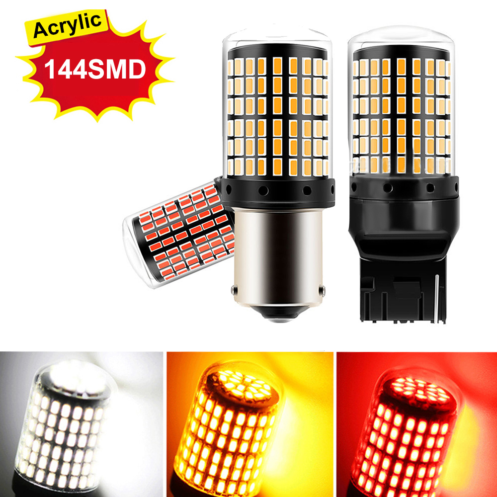 ไฟสัญญาณ2ชิ้น12โวลต์-24โวลต์1156 P21W BA15S 1157 BAY15D P21/5วัตต์ T20 7443 W21/5วัตต์7440 W21W 144LED หลอดไฟเบรครถไฟเลี้ยวอัตโนมัติ