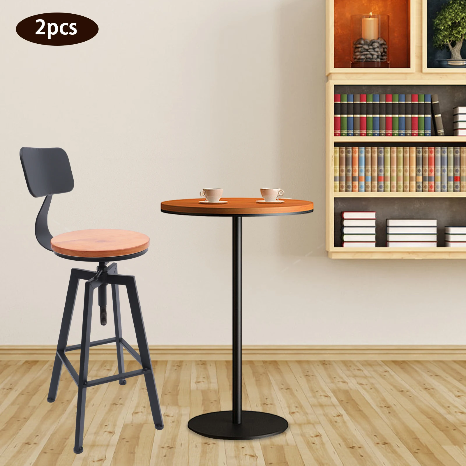 2er-Set Retro-Barhocker, Barhocker aus Holz, drehbar mit Rückenlehne, Sitzhöhe 64–84 cm, Metallbasis, stabiler Fußrahmen für Bar