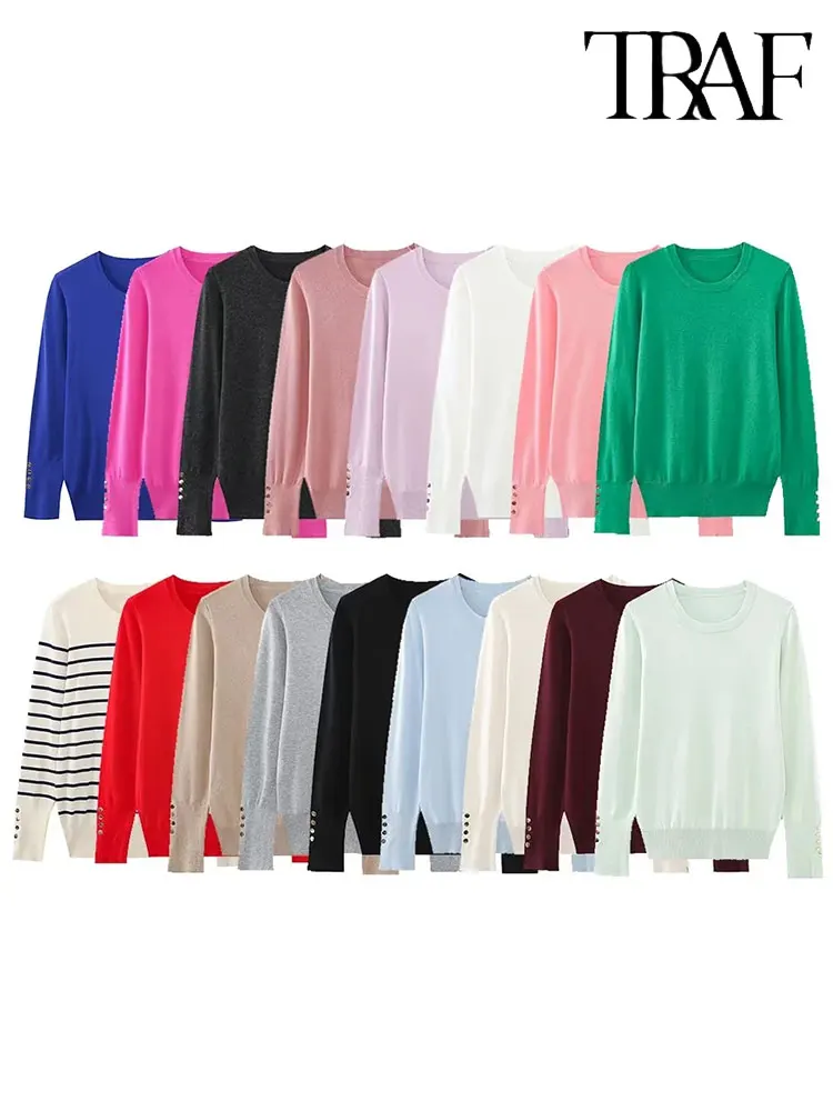 TRAF-suéter de manga larga con cuello redondo para mujer, jersey con botones, informal, liso, de alta elasticidad, otoño 2023