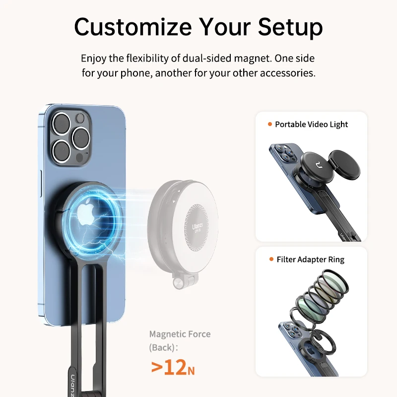 ​Ulanzi MA30 Carabiner-Mounted Phone Tripod for iPhone 15 14 13 12 Pro/Pro Max Dual-sided Magnet Tripod Desk Mount Phone Handle