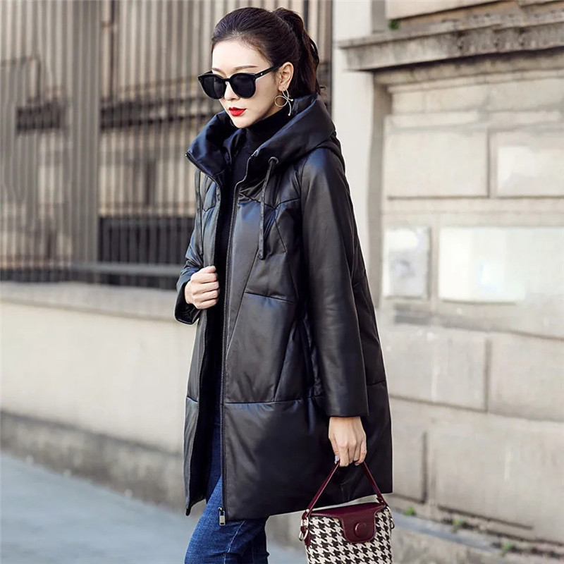 Parkas gruesas para la nieve, chaqueta de cuero PU con capucha cálida para mujer, abrigo largo holgado negro, abrigo de cuero de algodón a prueba de viento para mujer