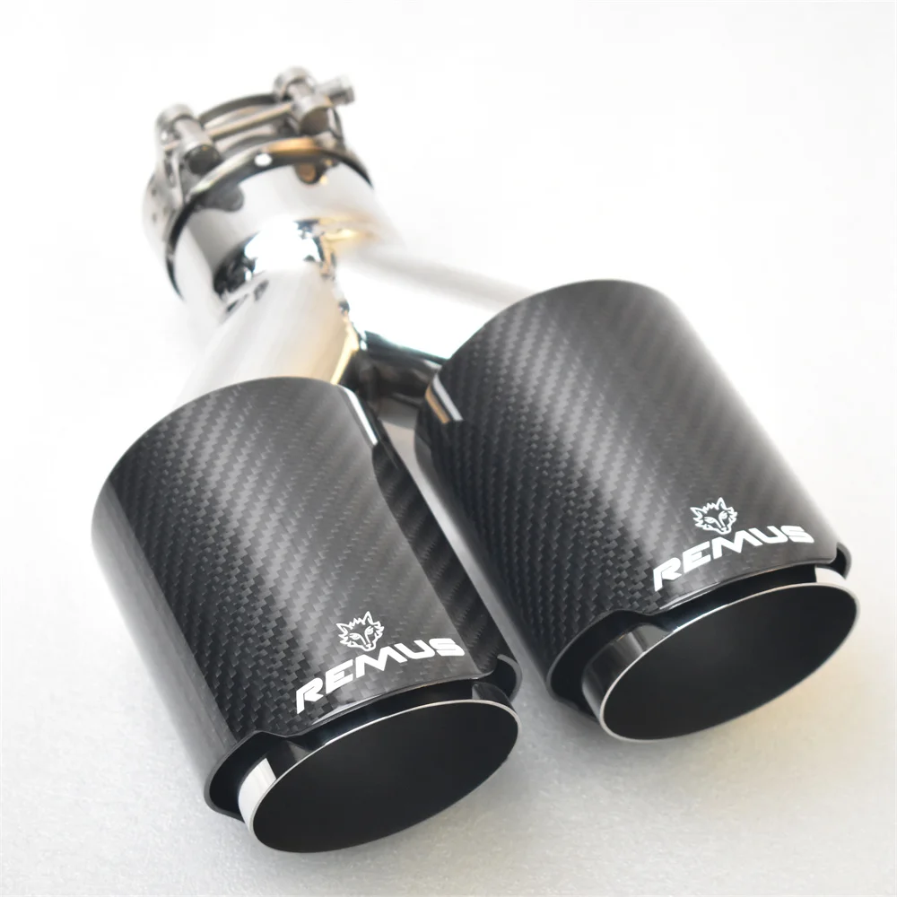 REMUS-punta de silenciador brillante de fibra de carbono para coche, silenciadores de tubo de escape de doble salida en forma de Y, decoración de boquilla, punta Universal Stainl w222