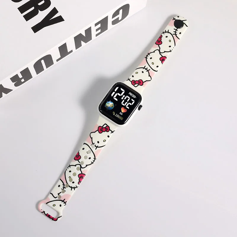 Sanrio Hello Kitty Cartoon bedruckte Knopf-LED-Elektrouhr, Teenager-Mode, Persönlichkeit, Stich, bedruckt, quadratische elektronische Uhr