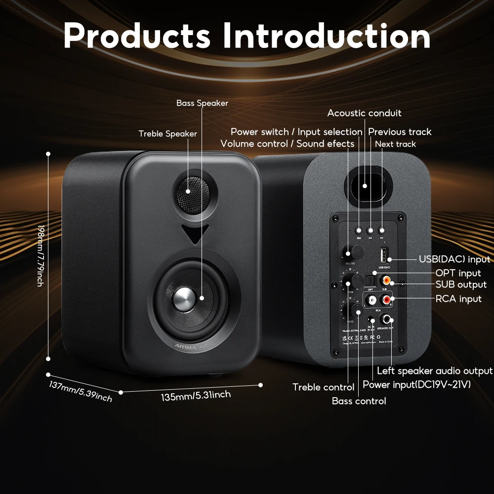 AIYIMA  Upgrade S400 Audio Bookshelf Active Speakers Studio Monitor 3 Inch Bluetooth USB DAC HiFi Home Subwoofer System TV PC
