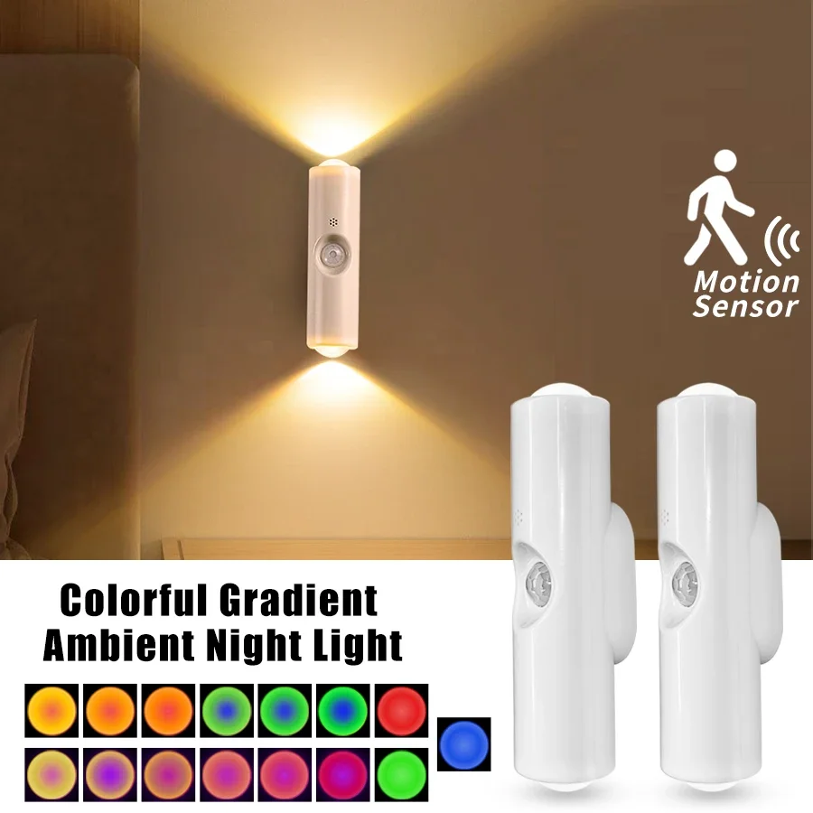 Lampka nocna LED z czujnikiem ruchu, zmieniająca kolory RGB, bezprzewodowa lampa ścienna, ładowalna magnetyczna lampka zachodu słońca do sypialni, salonu.