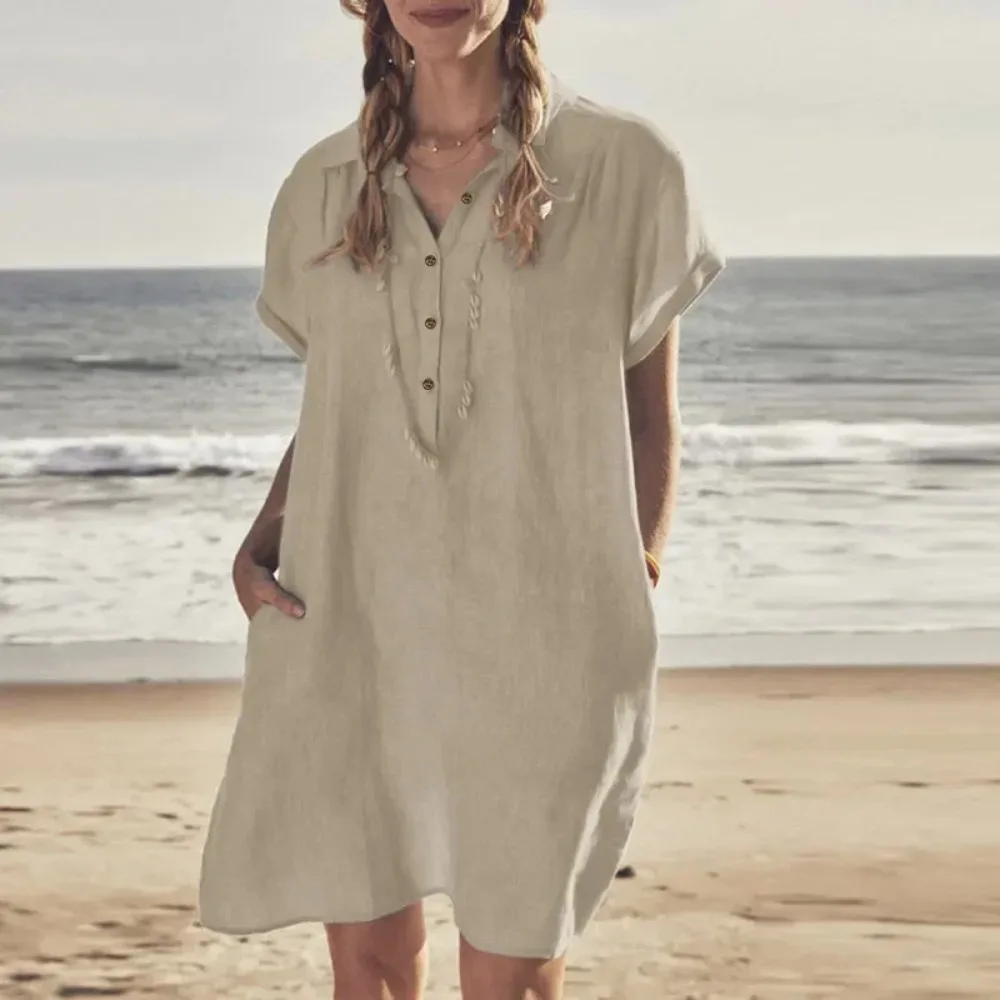 Dames L-5XL Plus Size Zomer Katoen en Linnen Korte mouwen Knoopjurk met reverszakken Effen kleur Loszittende jurk