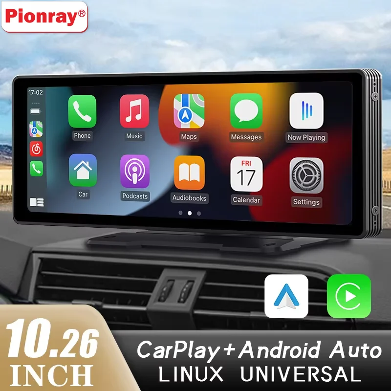 Pionray 10,26 "Универсальный CarPlay Android Auto автомобильный радиоприемник мультимедийный видеоплеер IPS сенсорный экран с AUX USB камера заднего вида