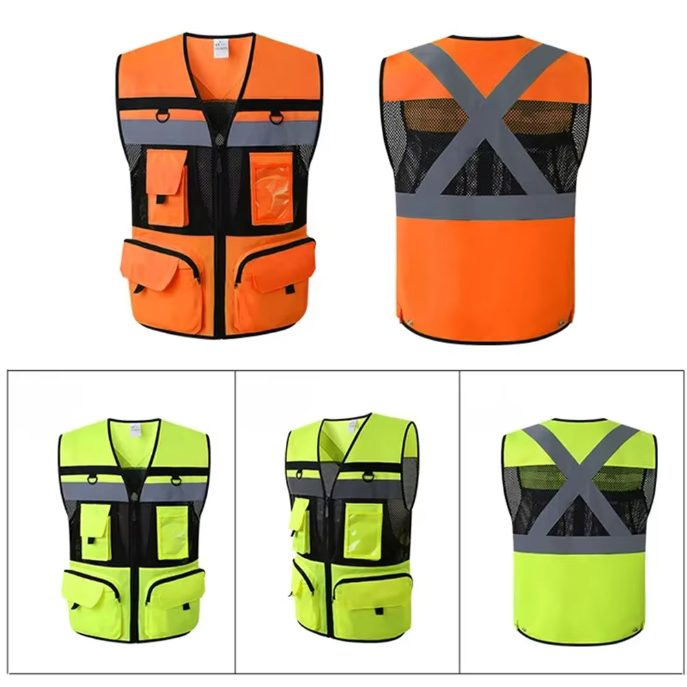 High Visibility Reflective Safety Vest Zippered Work Clothes Fishing Net Multi-Pocket Traffic Construction Night Safety Clothing