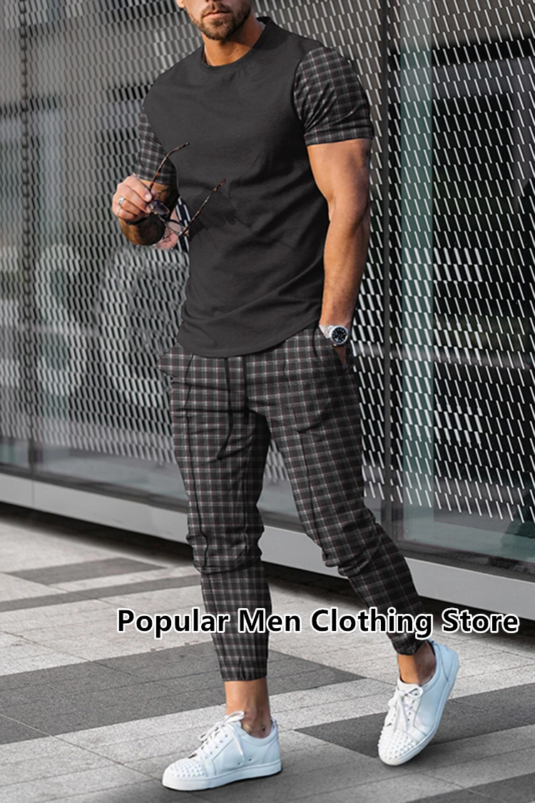 メンズ半袖Tシャツと3Dプリントのトラックスーツ,ストリートウェア,ロングパンツ,スポーツウェア,2点セット