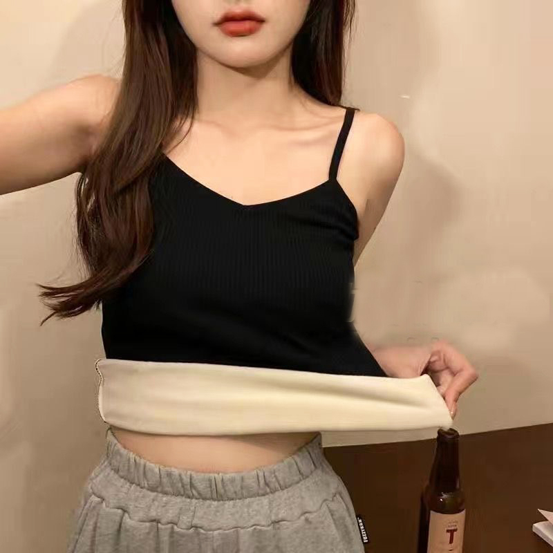 Ropa interior cálida de invierno para mujer, ropa de dormir informal térmica de Color sólido, Sexy, elasticidad, camiseta fina de terciopelo, Tops sin mangas