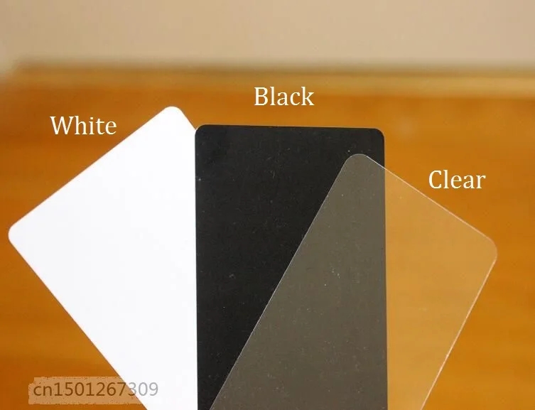 Leere Kunststoff-PVC-Acetat-Visitenkarten mit glänzender Oberfläche, Dicke 0,5 mm, 19 mil, Weiß, Schwarz, Klar, Transparent