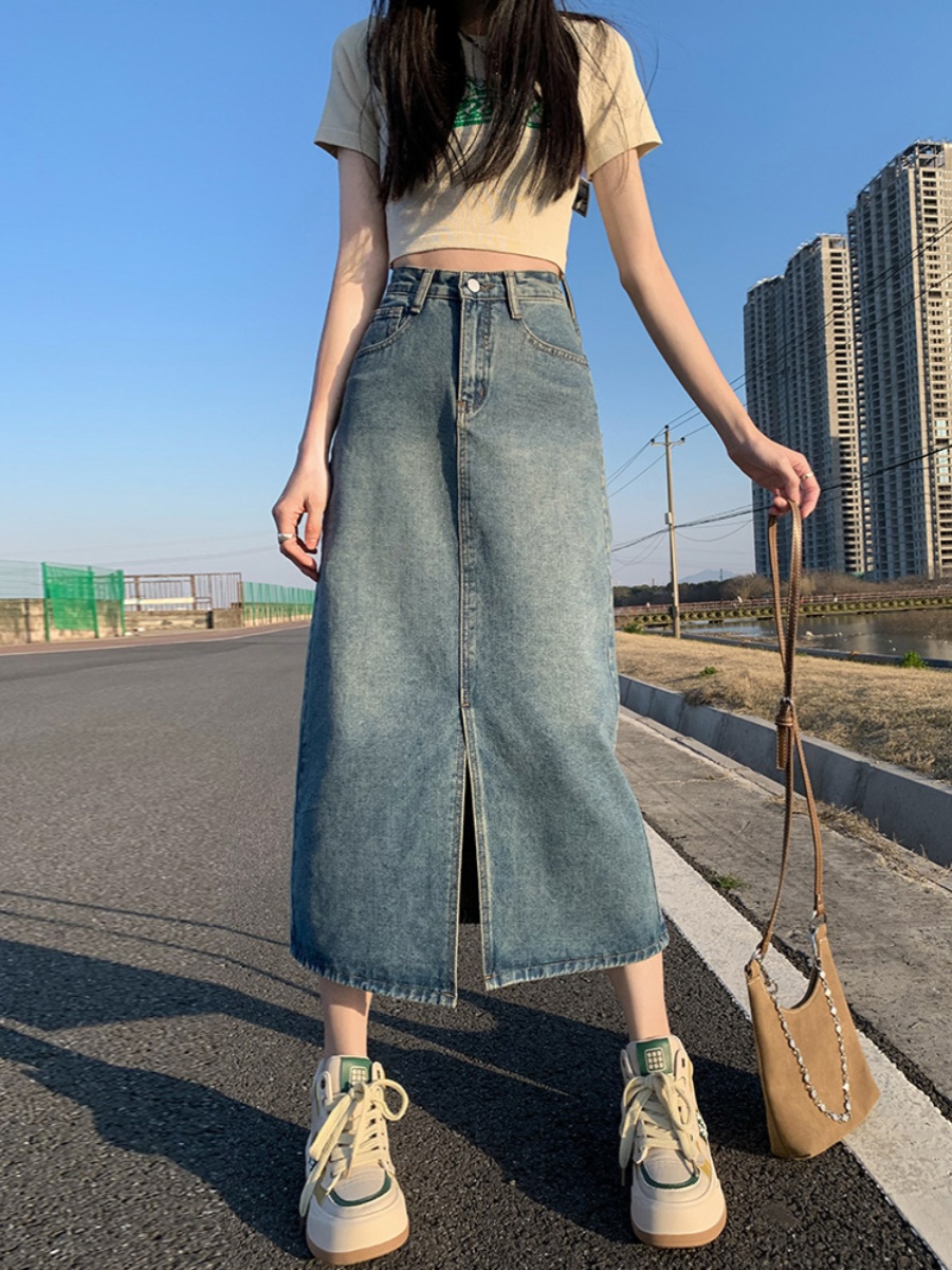 High Waist Denim  Midi Skirt Women's Summer Spring Autumn Vintage Straight Loose A-Line Skirts Cotton Polyester Blend