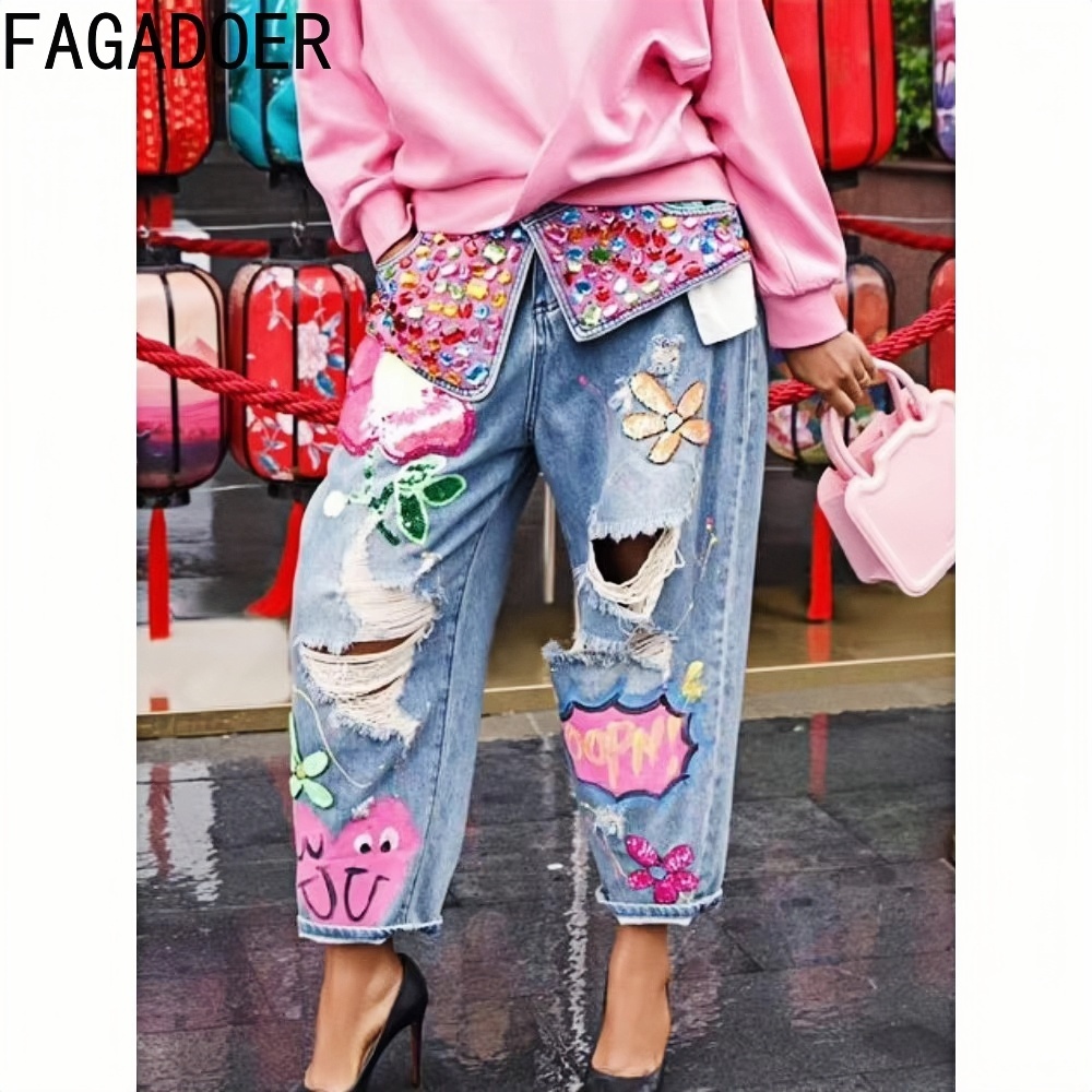 Fagadoer-女性用ルーズジーンズ,ハイウエスト,ボタンポケット,デニムパンツ,カジュアル,ストリートウェア,ファッションプリント