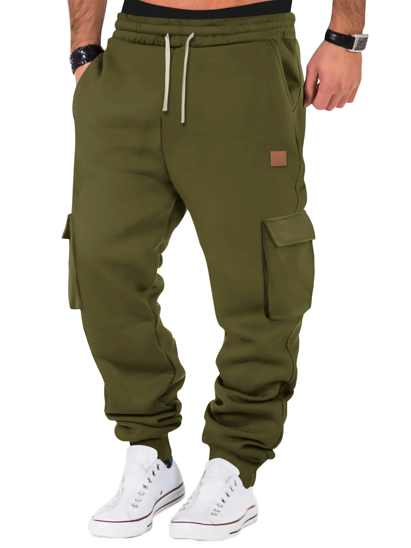 ผู้ชายกางเกงผ้าฝ้าย Multi-Pocket Micro-Elastic กีฬา Casual กางเกงฟิตเนส Joggers ขนแกะอุ่นกางเกงผู้ชายกางเกง