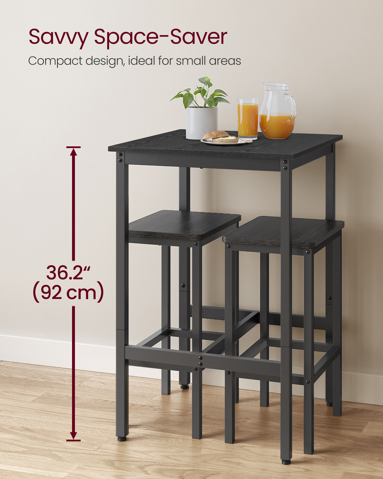 VASAGLE Breakfast Bar, Square Tall Bar Table, Heavy-Duty Steel Frame, 60 x 60 x 92 cm, Easy Assembly, for Kitchen Living Room