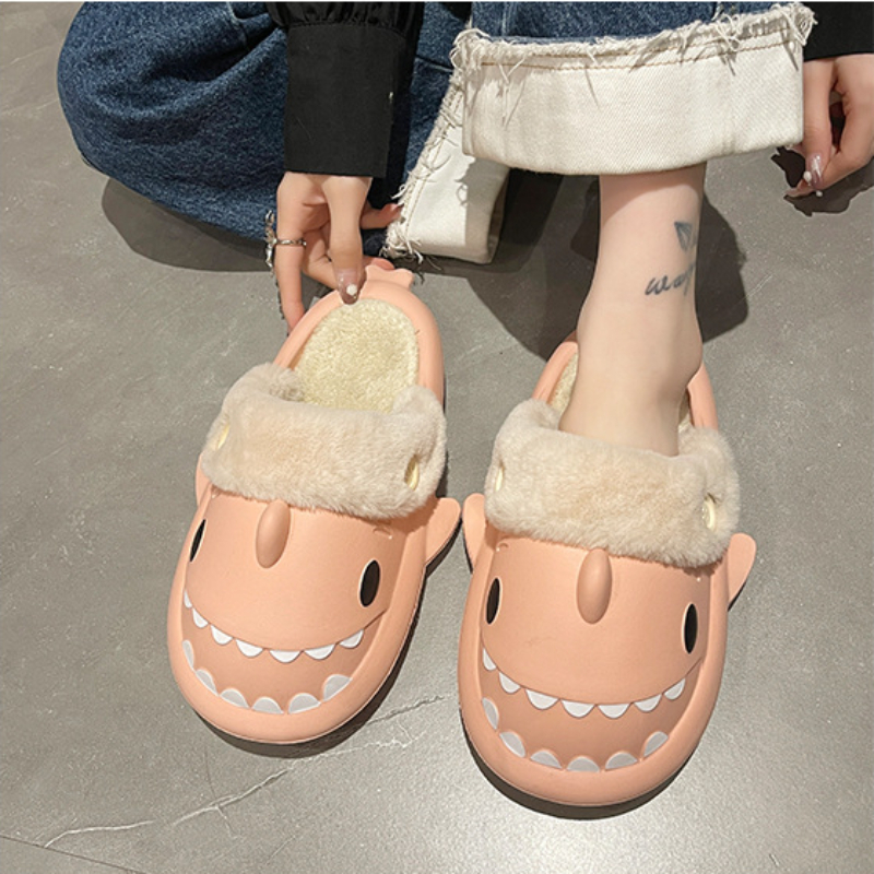 Chinelos de algodão tubarão mulher à prova dwaterproof água inverno interior antiderrapante slides de pelúcia casa quente casal tubarão flip flops sandálias sapato plano