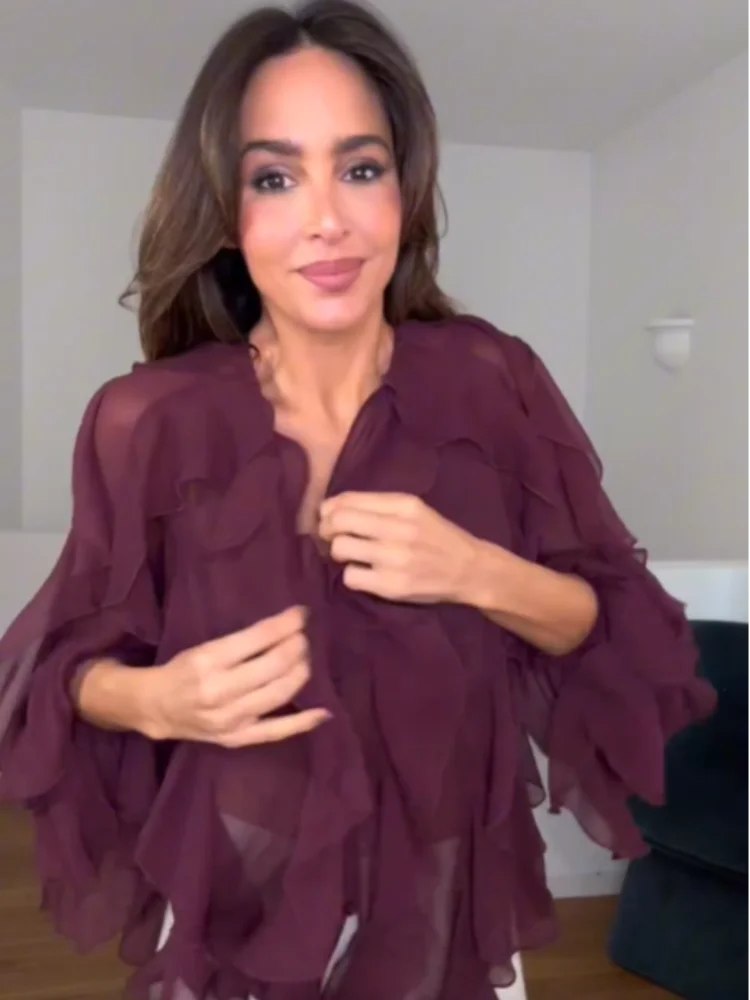 แฟชั่นผู้หญิง Multi Layered Ruffled เสื้อเซ็กซี่ดูผ่าน V คอยาวแขนยาวเสื้อยืดฤดูใบไม้ผลิ Lady Tops