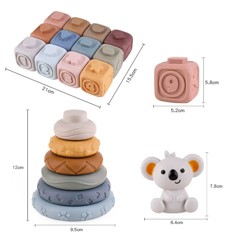Blocs de construction en Silicone pour bébés, jouets Montessori pour bébés, empileur à presser et jouets de dentition, jouet d'apprentissage précoce pour tout-petits garçons et filles