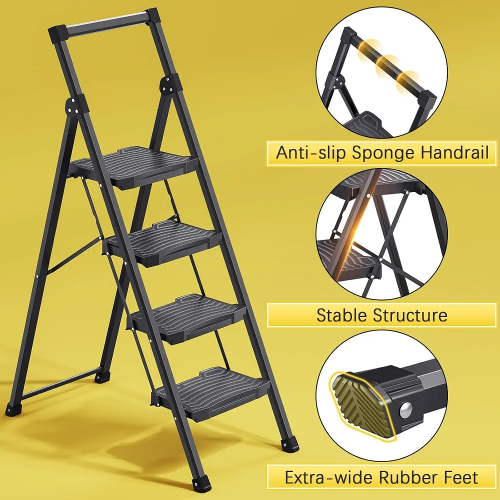 Step Ladder 4 Step Folding, 900lbs 4 Step Ladder with Anti-Slip Wide Pedal and Handrails, Lightwight Household Ladder