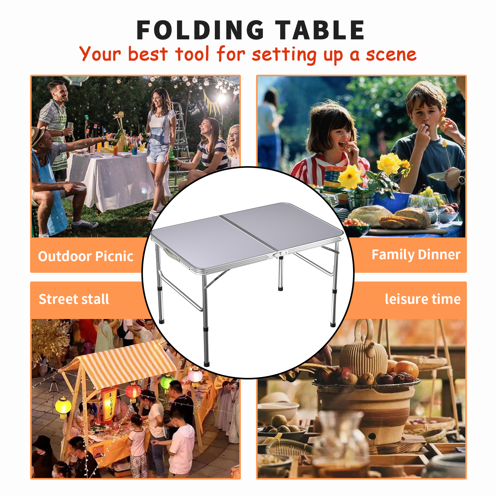 3FT/90cm Folding Table Lightweight Portable Camping Table, Non-Slip Rubber feet , Premium Quality Steel Aluminium Foldable Table