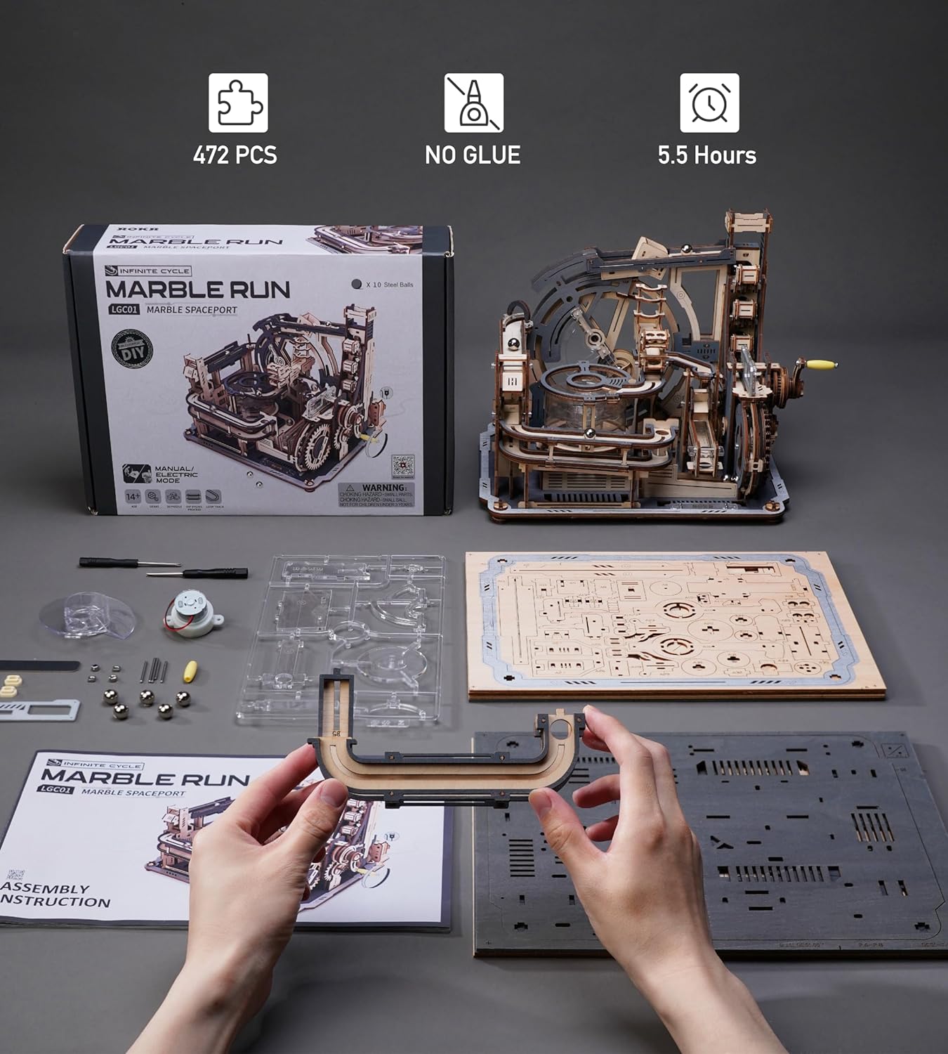 Robotime Rokr 電動モデルキット マーブル宇宙港 3D パズル 頭の体操 木製パズル 組み立て玩具 ギフト 男性/女性/ティーン向け