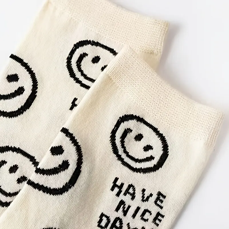 5 pares de calcetines Happy Face Crew, calcetines de tubo medio de algodón transpirable con gato de dibujos animados, medias y calcetería para mujer