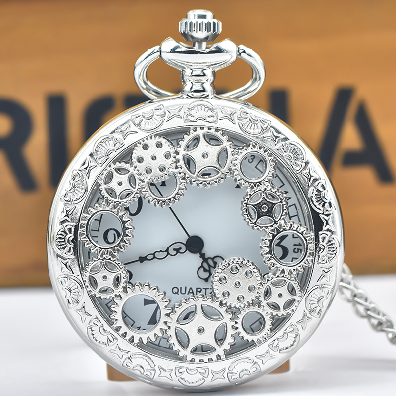 Preto oco engrenagem esculpida relógio de bolso de quartzo colar pingente relógio corrente masculino feminino presente memorial