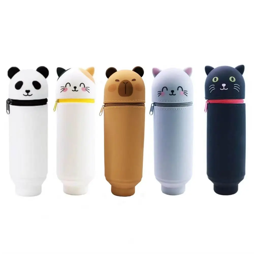 Estuche para lápices de dibujos animados de alta calidad, estuche para bolígrafos con forma de Animal de silicona, plegable con cremallera, bolsa de almacenamiento de papelería