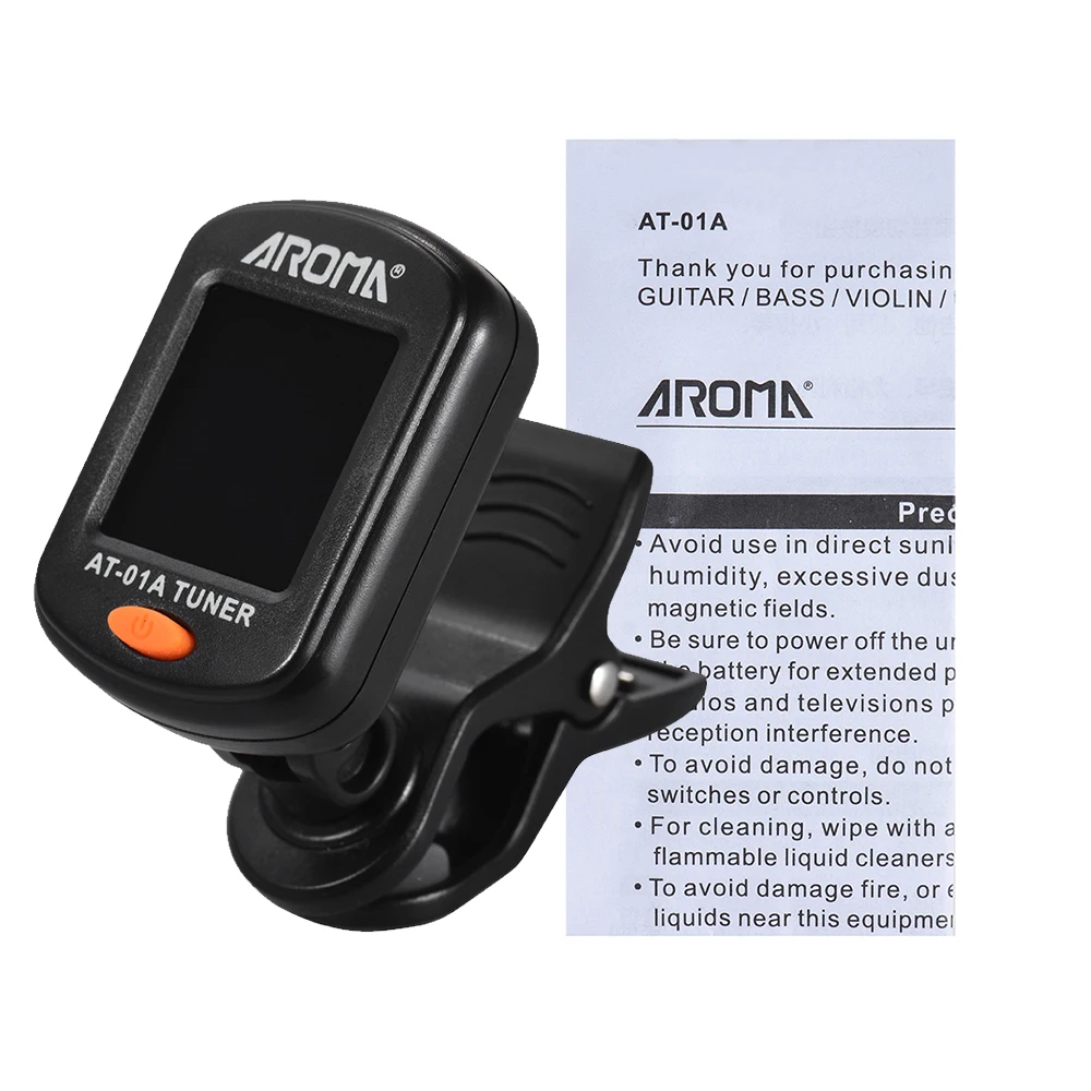 AROMA AT-01A Accordatore per chitarra Girevole Clip-on Sintonizzatore Display LCD per chitarra acustica cromatica Basso Ukulele Accessori per chitarra