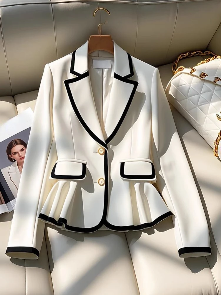ภาษาฝรั่งเศสคํา Elegant Blazers Notched คอยาวแขนยาว Ruffles Contrast สีเสื้อฤดูใบไม้ผลิฤดูใบไม้ร่วงหญิง Slim Design เสื้อผ้าผู้หญิง