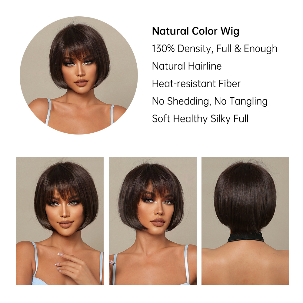 30% เส้นผมมนุษย์ผสมเส้นใยสังเคราะห์ผู้หญิง Bob สั้น Wigs ธรรมชาติสีน้ำตาลเข้มตรงวิกผมความร้อนทน Daily ใช้วิกผมคอสเพลย์