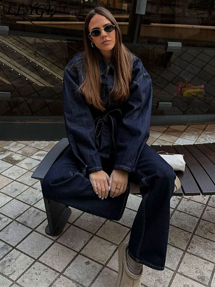 Vintage emendado denim jaqueta calças definir cinto feminino único breasted jaquetas bolsos jeans retos 2025 primavera senhora rua outfit