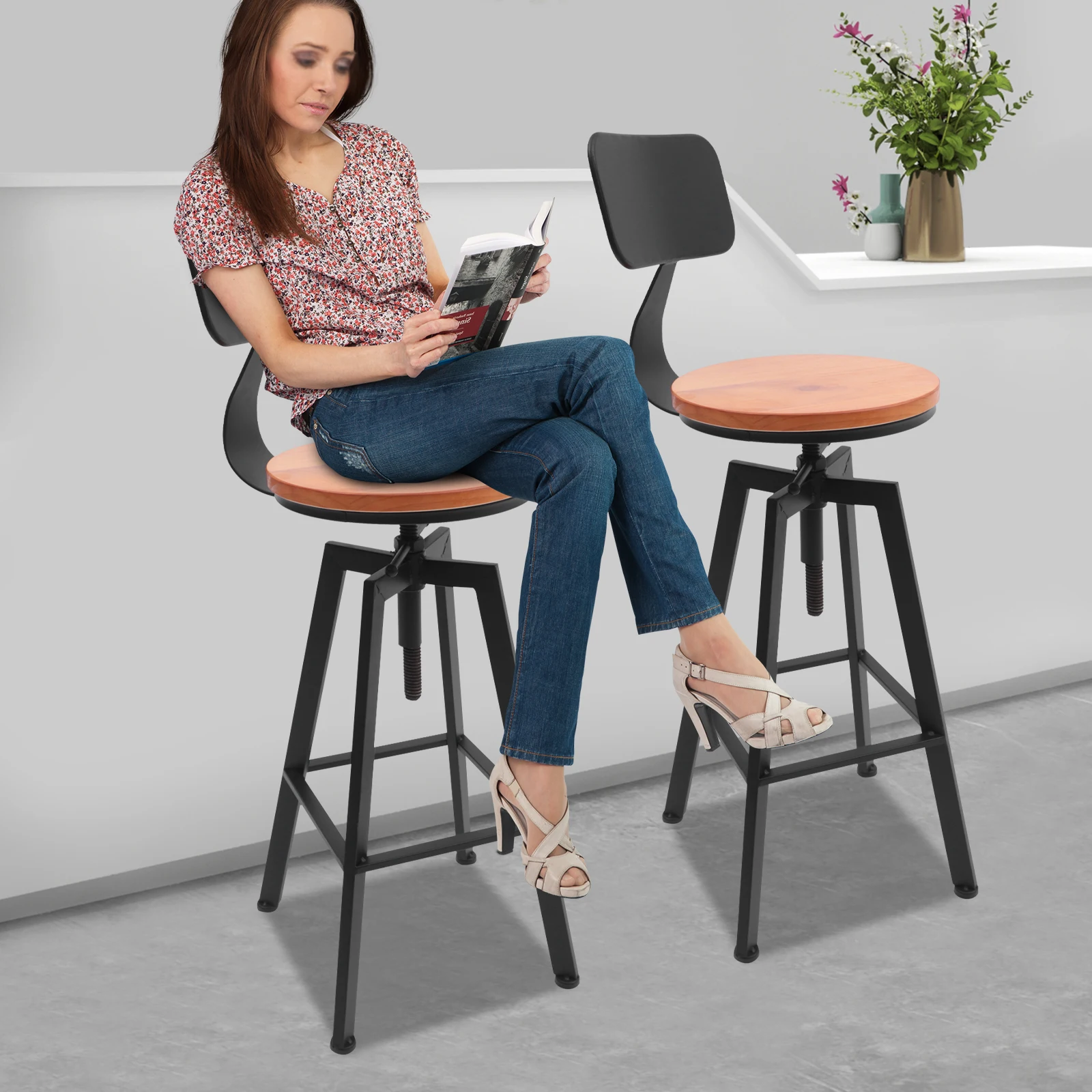 2 unidades 360 °   Bancos de bar Bancos de bar industriais vintage Bancos de balcão de altura ajustável Cadeiras de bar com encosto e assento de madeira