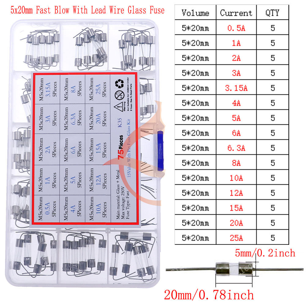 Fusibile in vetro lento e veloce 12V-250V con kit mix di cavi 0.1A 0.25A 0.5A 1A 2A 2.5A 3A 3.15A 4A 5A 6A 6.3A 8A 10A 15A 16A 20A 30A
