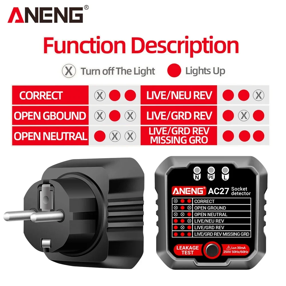 ANENG AC27 probador de enchufe prueba de voltaje Detector de enchufe tierra línea cero polaridad herramienta de verificación de fase comprobador de circuito enchufe UE/EE. UU.