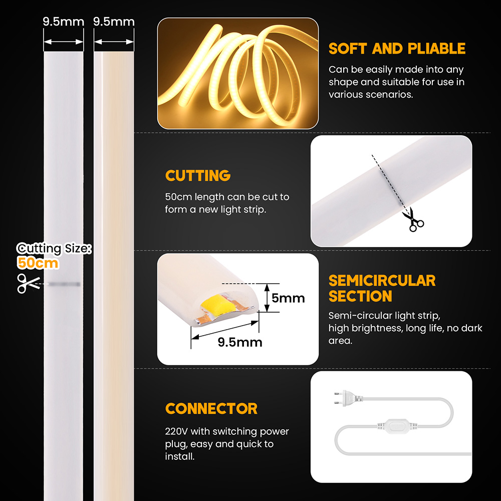 디밍이 가능한 COB LED 네온 스트립 조명 220V 조광기 스위치 전원 키트 고밀도 288 LED 선형 조명 IP67 방수 플렉스 리본