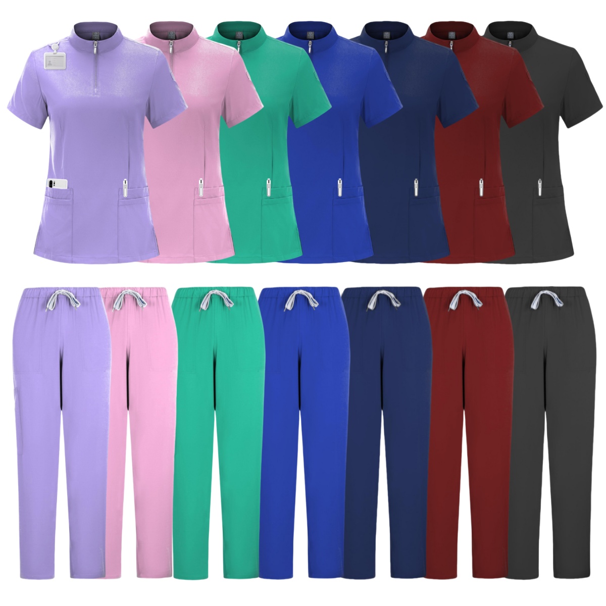 Feminino 4 bolsos zip-neck manga curta esfrega topo uniformes de enfermeira feminino enfermeiras médicas acessórios para hospital médico uniforme