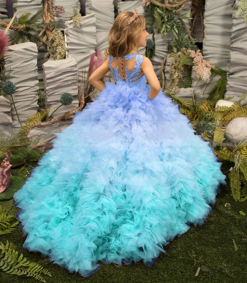 Süße Spitze Hochzeit Blumenmädchenkleider Benutzerdefinierte Farbverlauf Tüll Kleine Mädchen Prinzessin Kleid Ärmellose Kinder Geburtstag Party Kleider